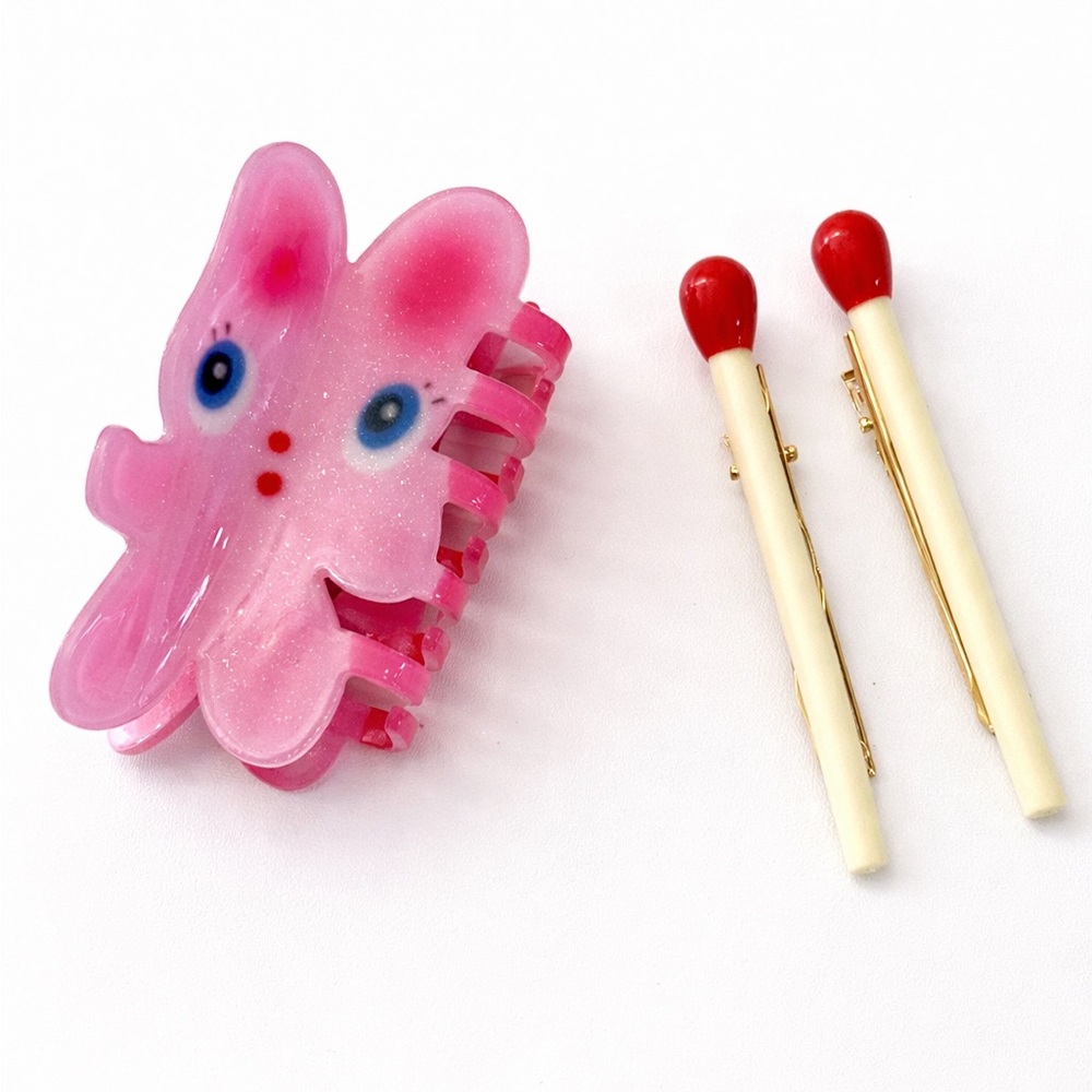 Cute Pink Bunny Hair Claw and Matchstick Bobby Pins Set